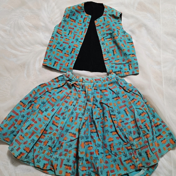Other - Vintage 1970s 70s Corduroy 2 Piece Vest Skirt Set Kids Childrens Trains
